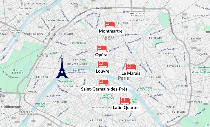The Best Areas to Stay in Paris map